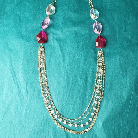 2/15$ Multiple strands chain and pink necklace - Picture 1 of 5